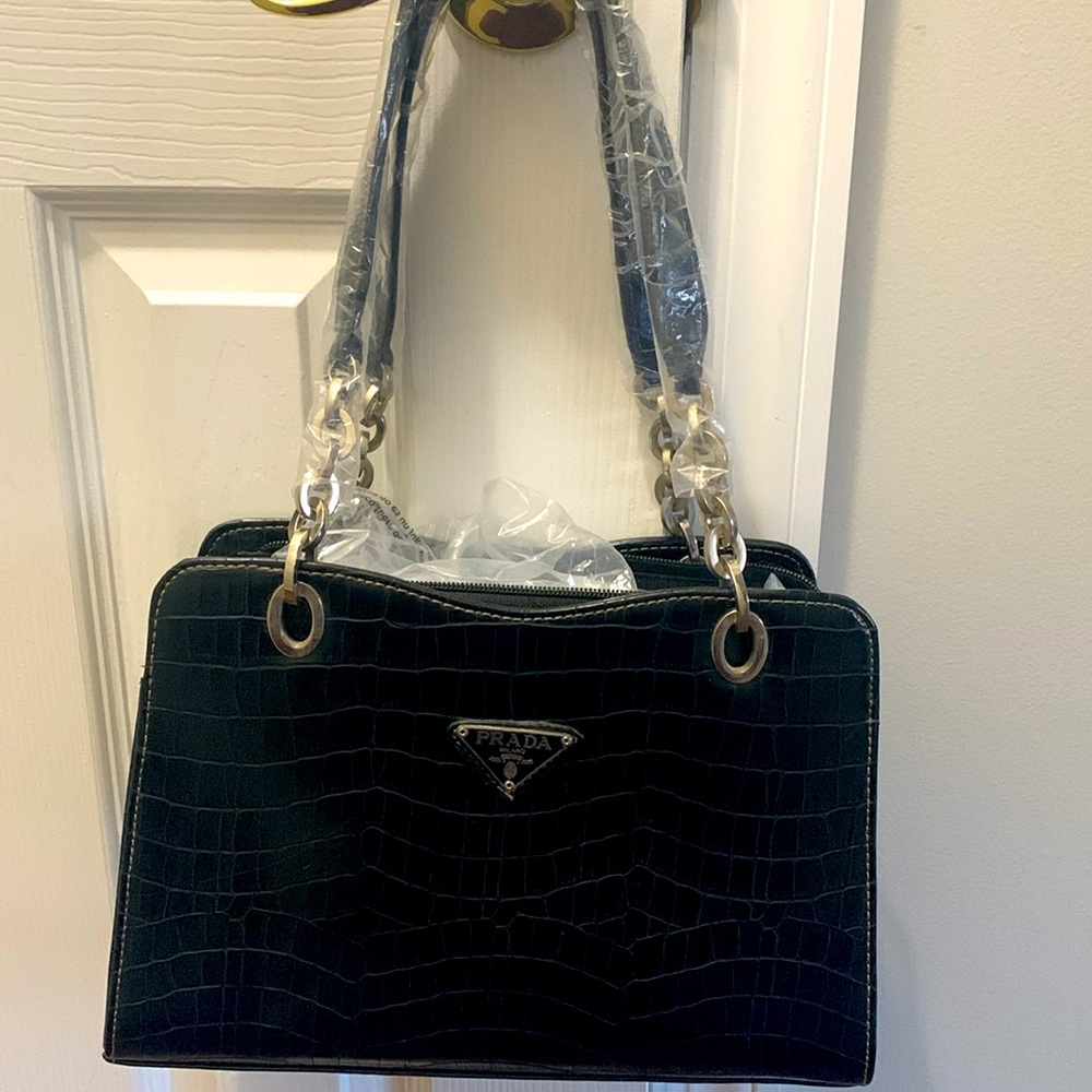 Prada Black Croc-Embossed Shoulder Bag with Gold Hardware